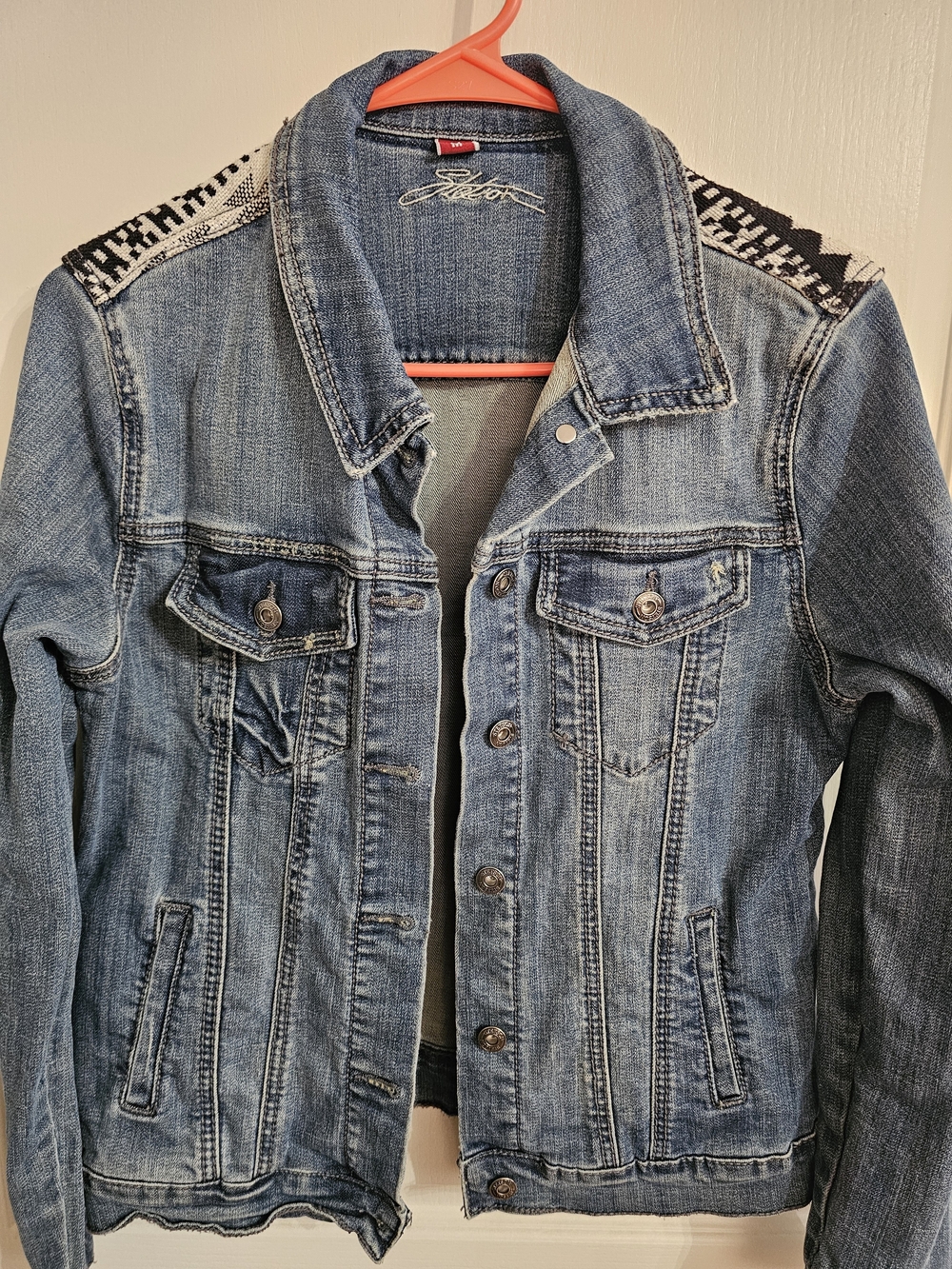 Women's Blue Denim Jacket with Contrasting Shoulder Detail